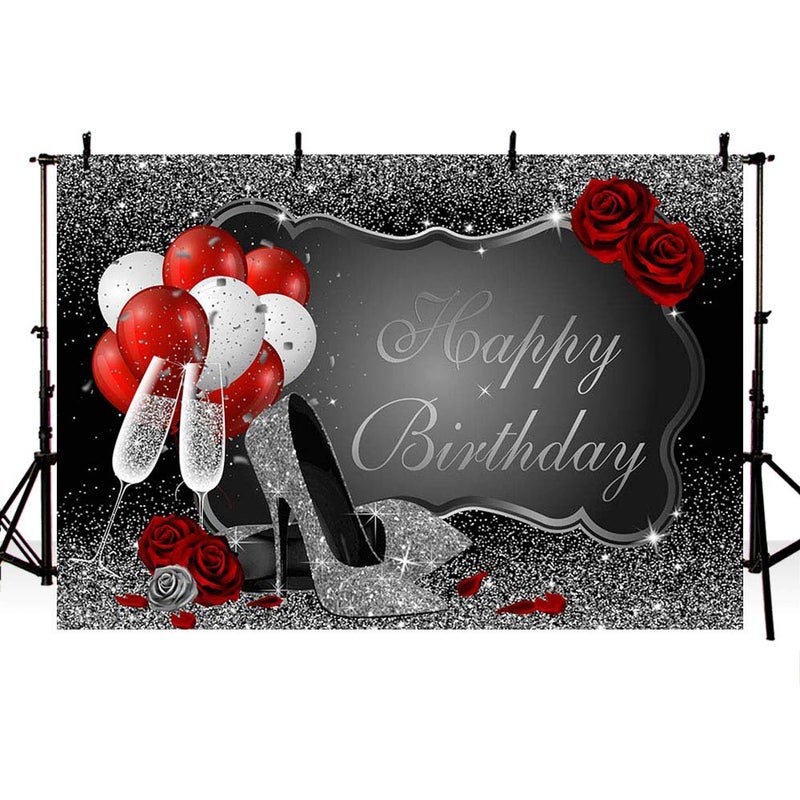 MEHOFOND Glitter Silver Happy Birthday Party Decorations Backdrop for Women Champagne Red Rose Balloon Decor Supplies Photography Background Banner Dessert Table Photo Studio Props 7x5ft - Image 3